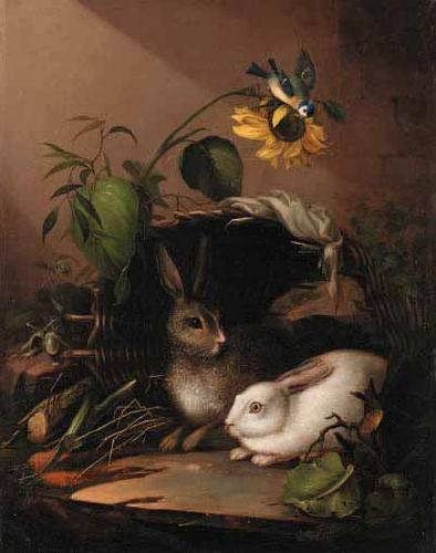 Carl Johann Lasch Two rabbits in an upturned basket with a blue tit on a sunflower oil painting image